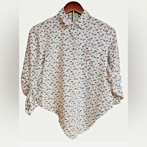 Love Notes Bird Print Button Up Blouse Roll Tab White Womens Size S